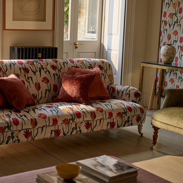 Holmfirth 3 Seater Sofa in RHS Collection on Velvet Pieter van Kouwenhoorn Tulips with scatters in Almost Plain Velvet Maple and Brick